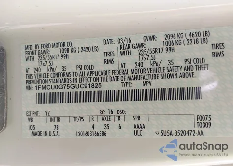 2016 Ford Escape Se из США, поврежденный, VIN 1FMCU0G75GUC91825